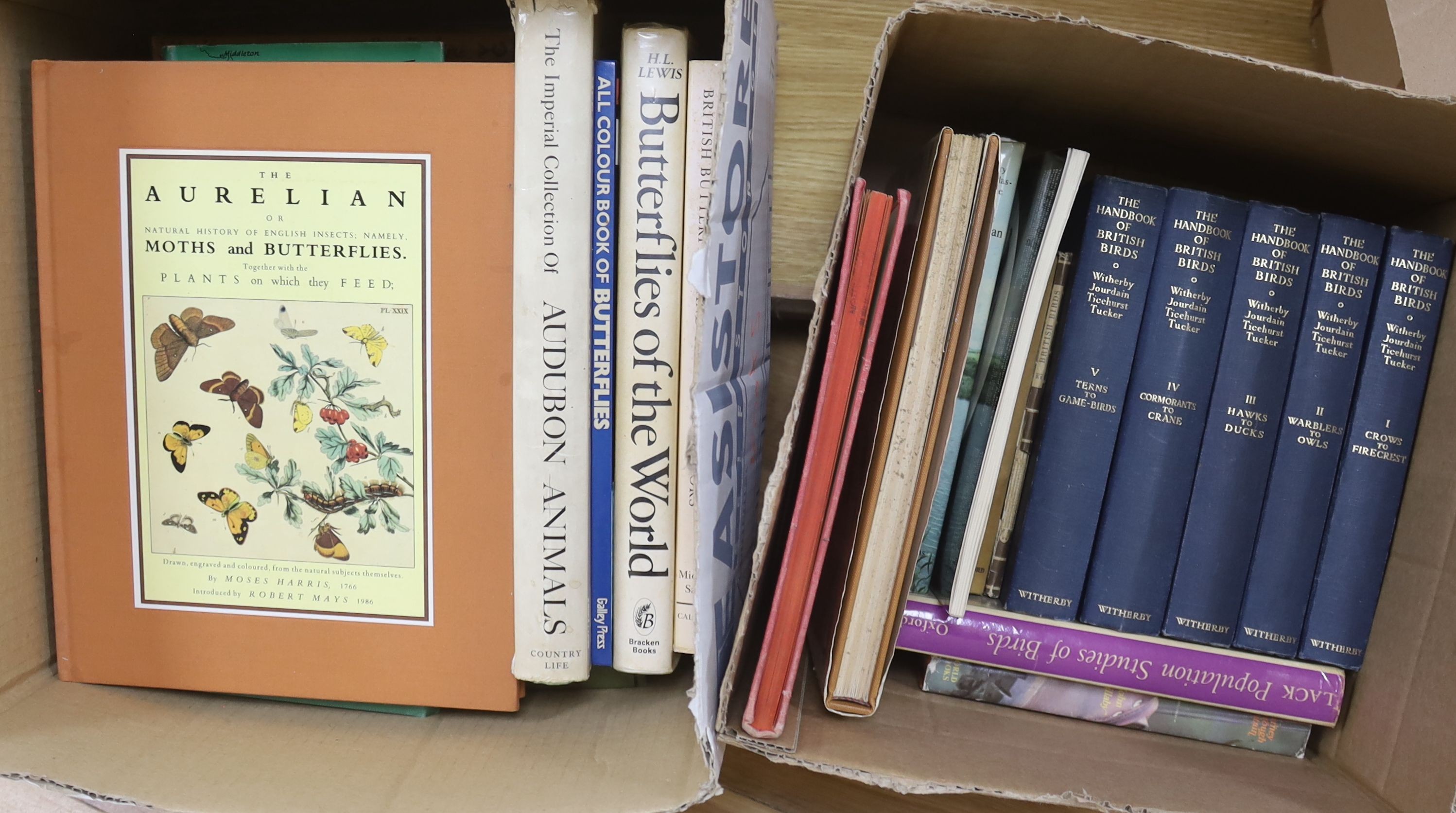 Two boxes of books on butterflies, British birds, mammals etc